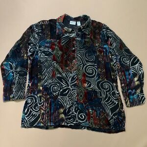 Chico's Velvet Burnout Blouse Silk Blend Abstract Print Button Down Top Large/2‎